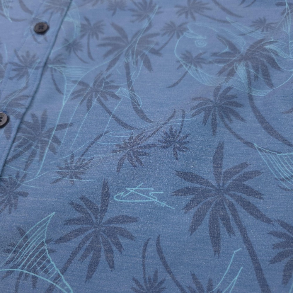 Huk Shirt Mens Small Blue Fish Palm Tree Short Sleeve Button Up Fishing Stretch - Picture 5 of 10